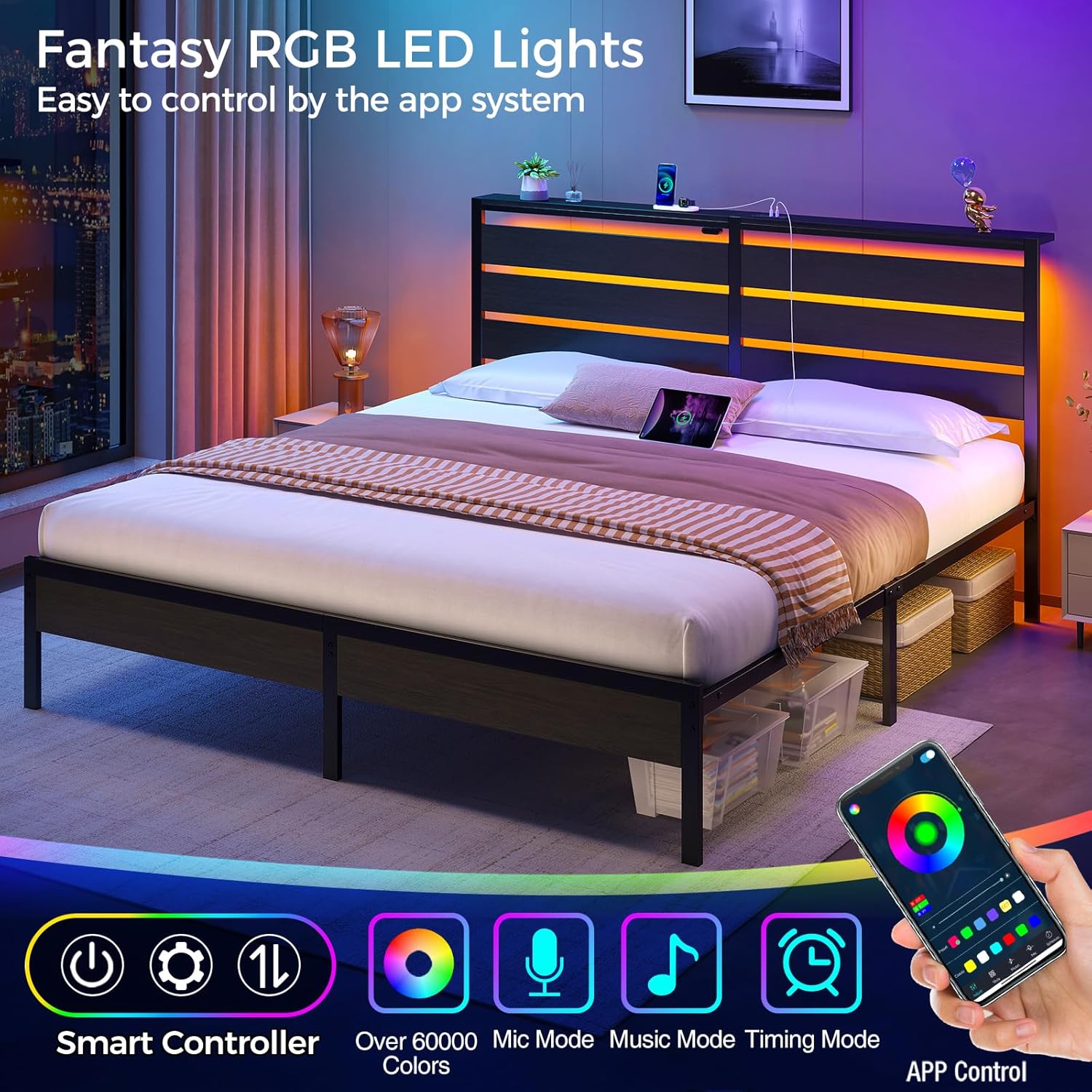 Rolanstar LED Bed Frame With USB Ports